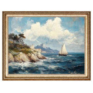 Segelboot Küstenlandschaft Vintage Nautik Wand Kunst Ölgemälde, VINTAGE Malerei, druckbare Wandkunst, DIGITAL PRINTS