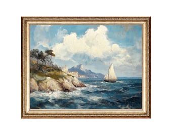 Vintage Seascape Painting, Sailing Boat Nautical Art (Digital Print)