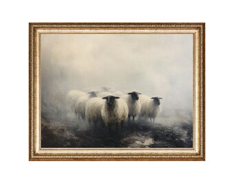 Vintage Sheep Oil Painting, Foggy Farmhouse Scene (Digital Print)