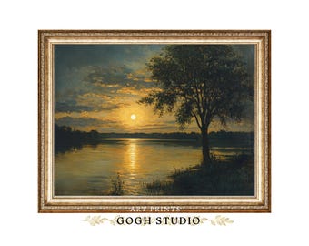 Vintage Full Moon Oil Painting Cottagecore Lake Print (Digital Download)