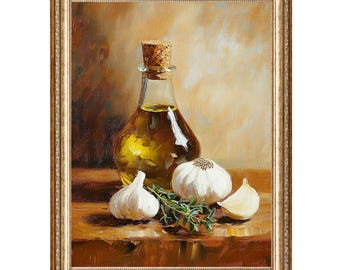 Vintage Garlic and Olive Oil Still Life, Cottagecore Kitchen Art (Digital Print)