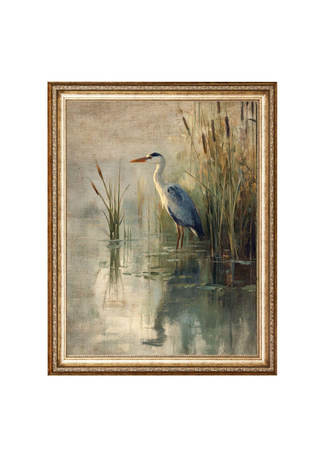 Vintage Heron Oil Painting – Rustic Cottagecore Marsh Scene (Digital Prints)