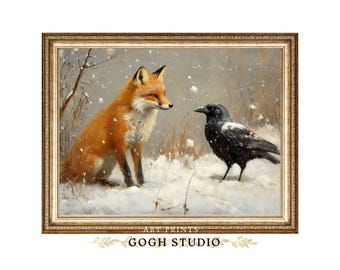 Impresión vintage de zorro y cuervo en el país de las maravillas invernal, arte de pared de galería cottagecore (descarga digital)