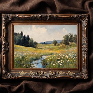 Vintage olieverfschilderij lenteweide, rustiek landschap (digitale print) afbeelding 8