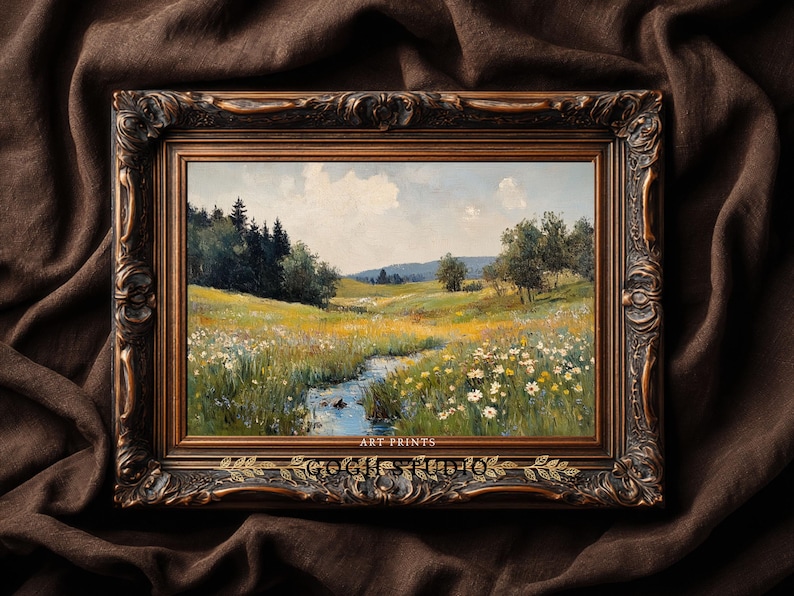 Vintage olieverfschilderij lenteweide, rustiek landschap (digitale print) afbeelding 8