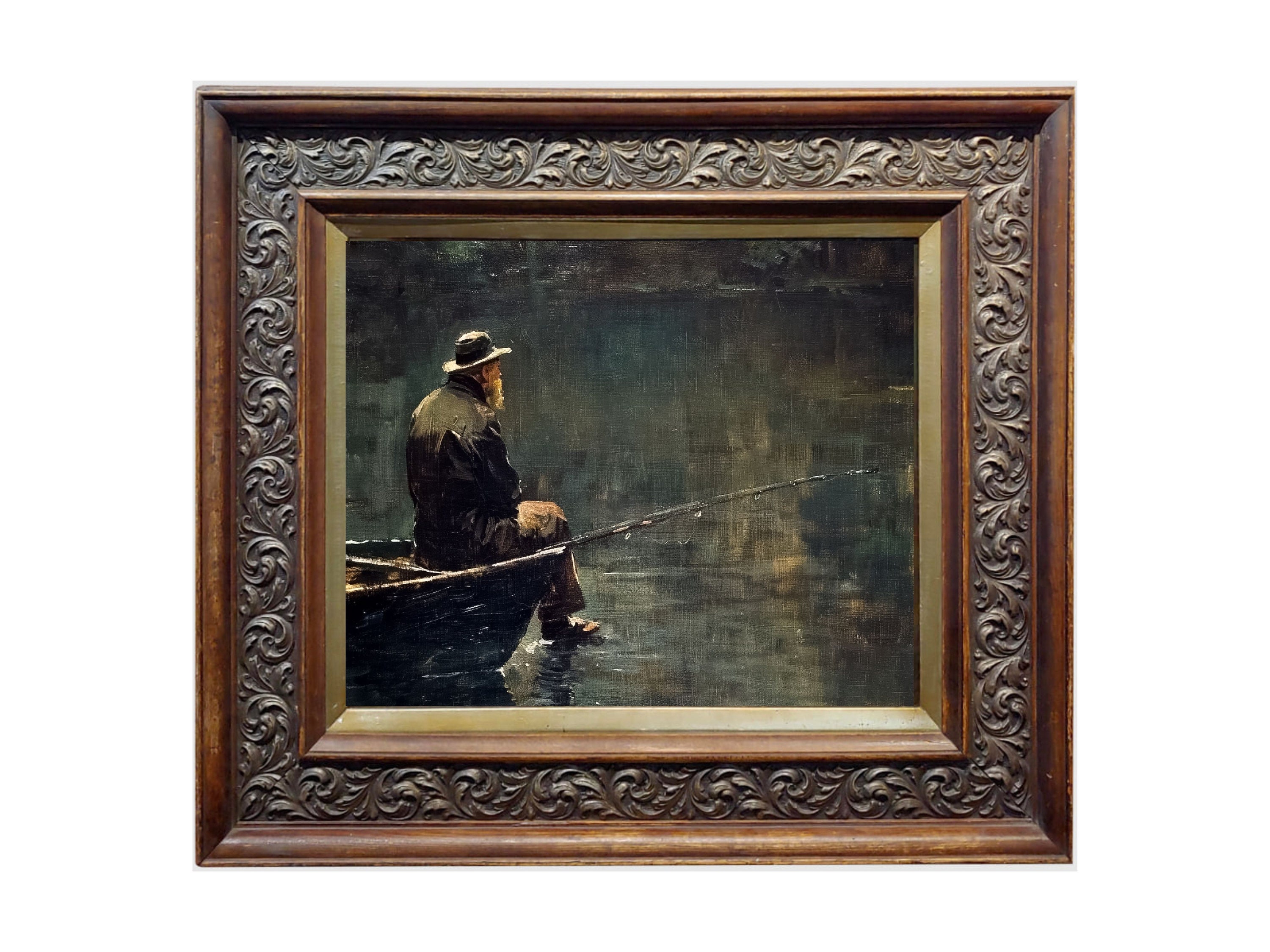 【１９９１年】漁師と魚の手描き絵画　油絵 漁師の油絵プリント、レイクハウスアート（デジタルダウンロード