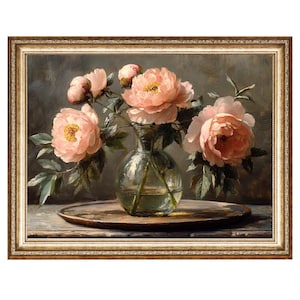 Pink Peonies In A Glass Vase Still Life Oil Painting, Cottage Core Art VINTAGE Painting, Printable Wall Art, DIGITAL PRINTS