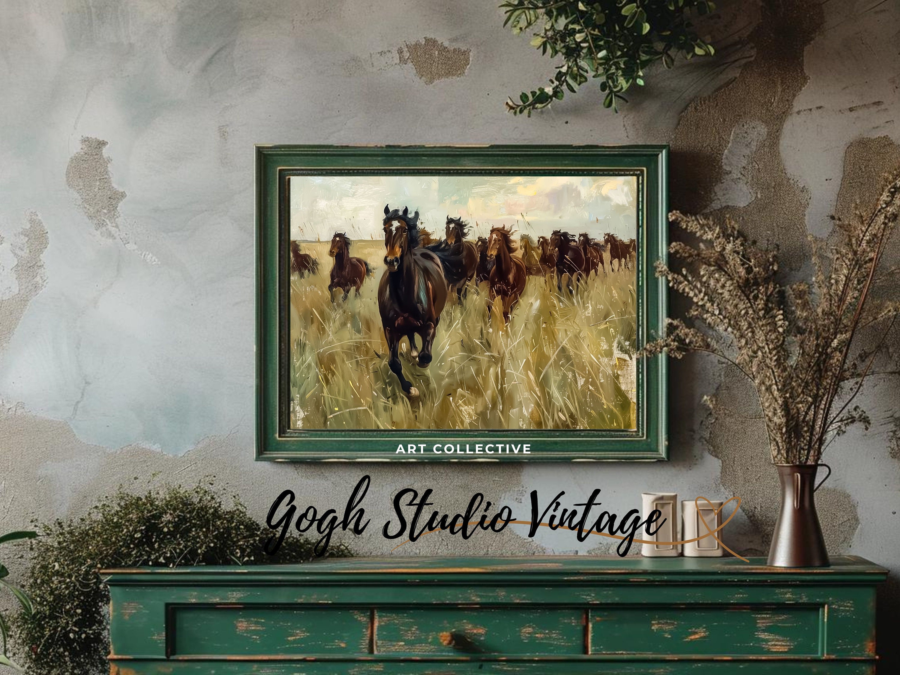 西洋の馬の絵画、馬の群れ、印刷可能な壁アート（デジタルダウンロード