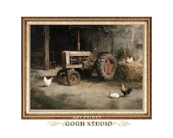 Lámina de pintura al óleo de tractor agrícola antiguo: Arte rústico de granero campestre (Descarga digital)