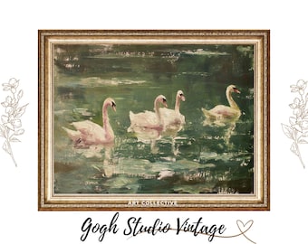 May include: A vintage oil painting in a gold frame depicts four white swans swimming in a green pond. The painting is titled "Gogh Studio Vintage" and has the words "Art Collective" in the bottom right corner.