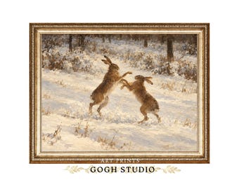 Two Hares in Snow Painting: Vintage Winter Wildlife Art