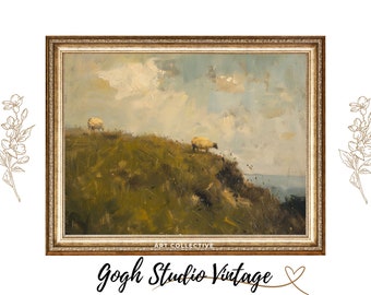 Sheep Home Decor Farm Animals, Sheep Grazing On a Ridge Green Meadow, PRINTABLE Large Oil Painting, WALL ART Digital Download Prints