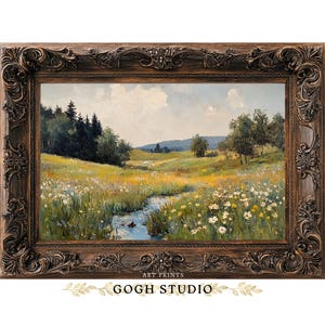 Vintage olieverfschilderij lenteweide, rustiek landschap (digitale print) afbeelding 10