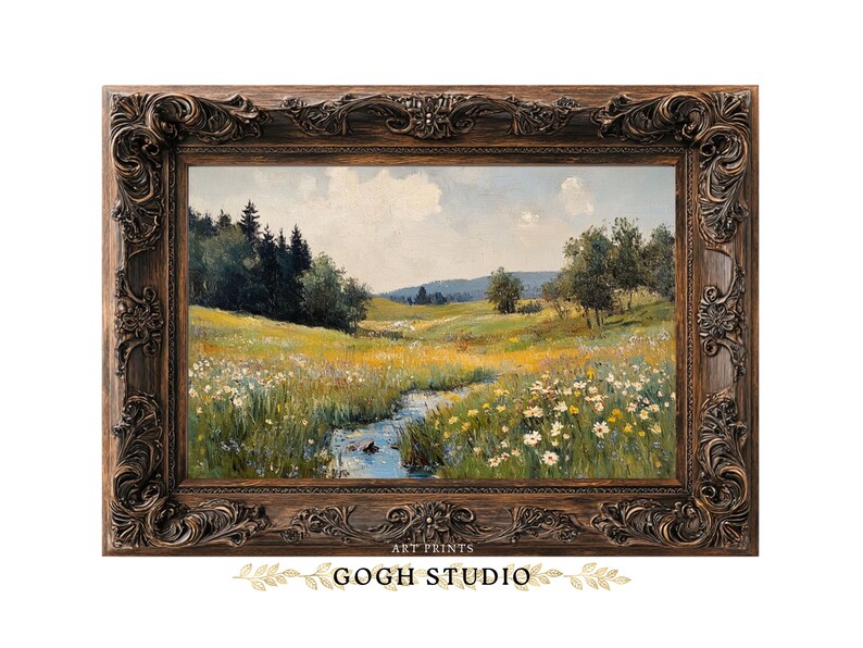 Vintage olieverfschilderij lenteweide, rustiek landschap (digitale print) afbeelding 10