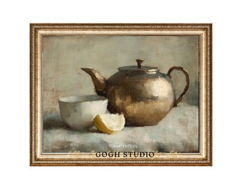 May include: An antique-style framed art print featuring a still life with a bronze teapot, a white teacup, and a lemon wedge. The artwork has a muted color palette and the text "GOGH STUDIO" is visible.