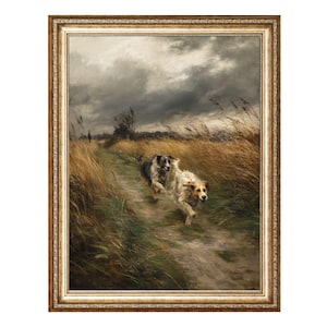 Two Dogs Running On Country Path In Field — VINTAGE Oil Painting, Cottagecore Wall Art, Printable Wall Art, Digital Prints