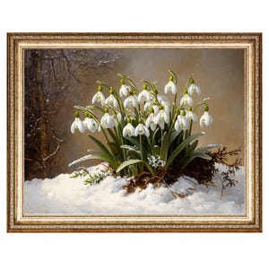 Perce-neige fleurs d'hiver sauvage forêt enneigée art du milieu du siècle peinture à l'huile, impressions d'art VINTAGE noyau de chalet, art téléchargeable, téléchargements numériques