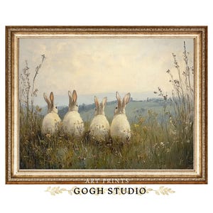 peinture à l'huile vintage Rabbits Meadow, art cottagecore (impressions numériques)