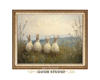 Vintage Rabbits Meadow Oil Painting, Cottagecore Art (Digital Prints)