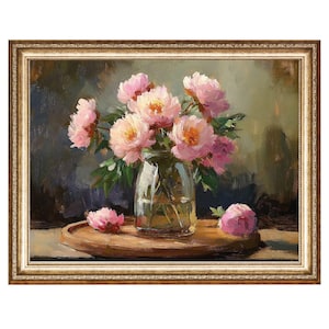 Peonie rosa in barattolo di vetro, dipinto a olio floreale rustico, dipinto d&#39;arte Cottage Core VINTAGE, arte murale stampabile, STAMPE DIGITALI
