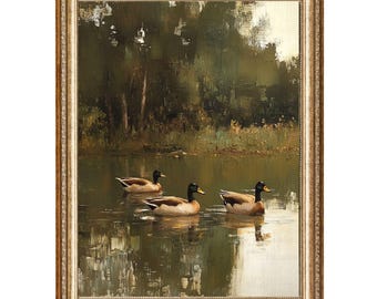 Vintage Mallard Ducks Oil Painting, Rustic Cottagecore Nature Scene (Digital Print)