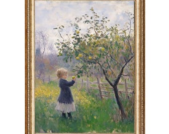 祖父と孫のオリジナル絵画、田舎道、家族の絆、リンゴの入ったかご 
