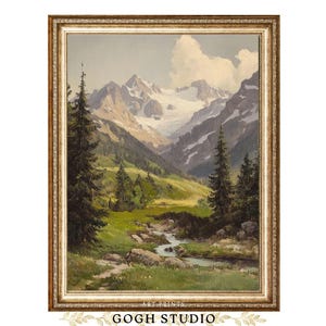 Vintage Alpine Landscape Oil Painting, Cottagecore Wall Art (Digital Print)