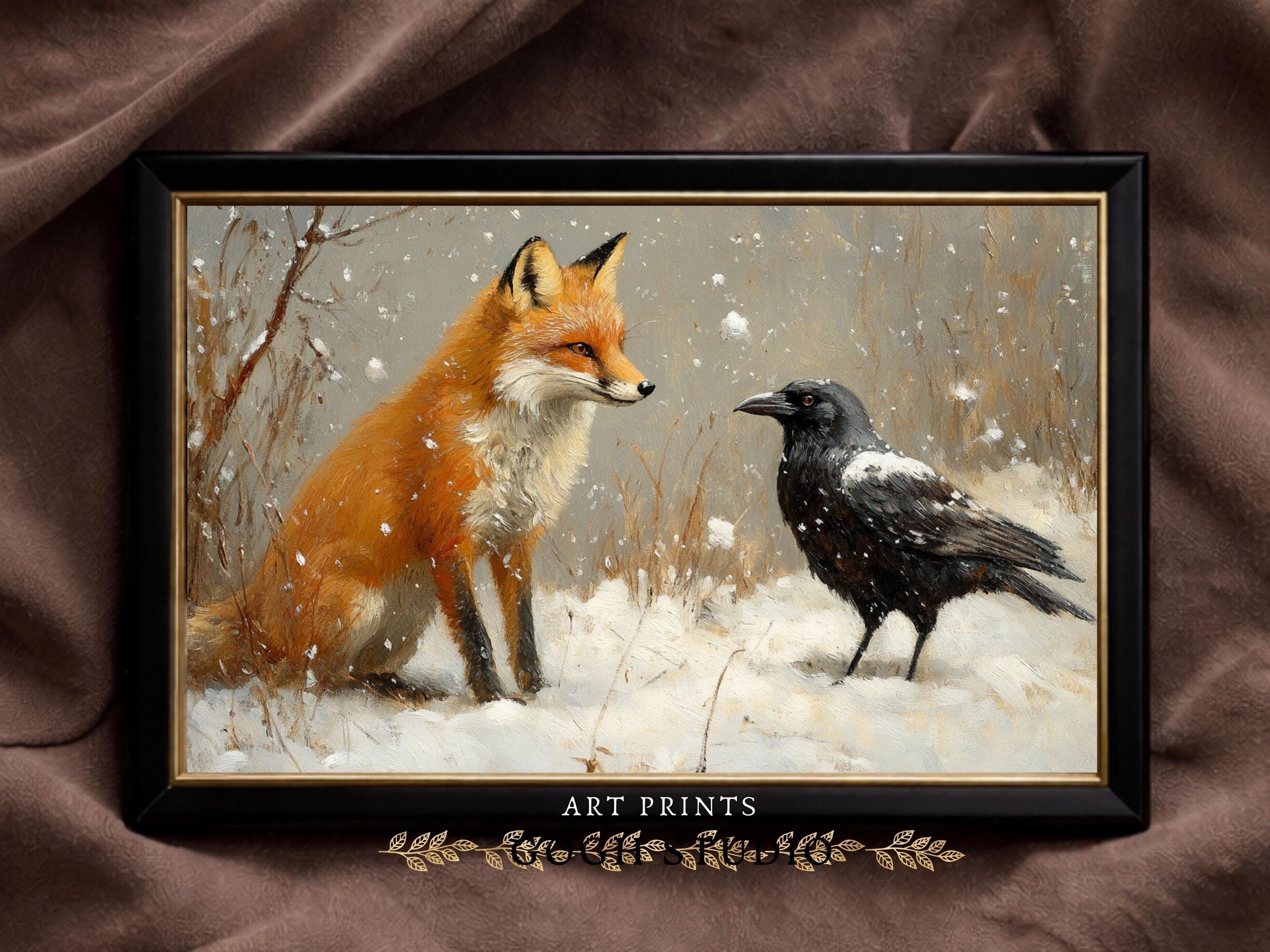 Fox and Crow Winter Wonderland Vintage Print, Cottagecore Gallery