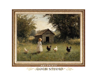 Vintage Farm Scene Oil Painting, Little Girl With Chickens (Digital Print)