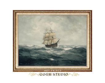 Vintage Seascape Oil Painting Art Print Stormy Ship (Digital Download)