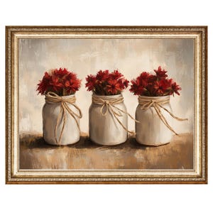 Rote Blumen in dekorativen Gläsern Vintage Blumenkunst Ölgemälde, Drucke im VINTAGE-Stil, Cottage Core Art, herunterladbare Kunst, DIGITALE DOWNLOADS