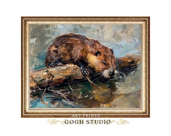 Stampe vintage di dipinti a olio di castori, arte murale stampabile, download digitale di arte orizzontale