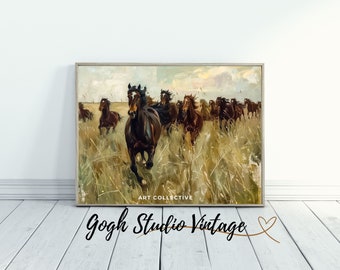 油彩画 馬の群れ 西洋の馬の絵画、馬の群れ、印刷可能な壁アート（デジタルダウンロード