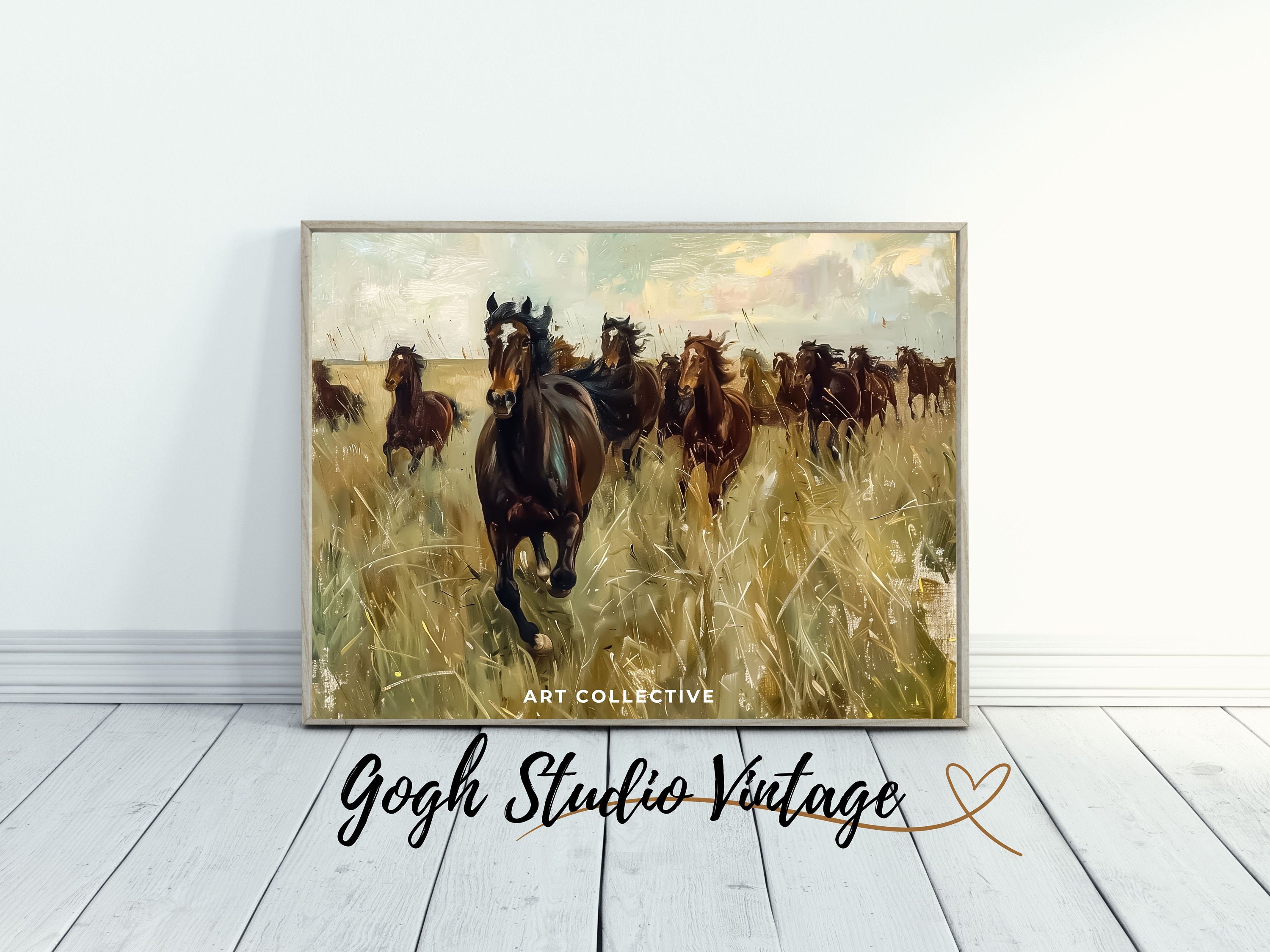 西洋の馬の絵画、馬の群れ、印刷可能な壁アート（デジタルダウンロード