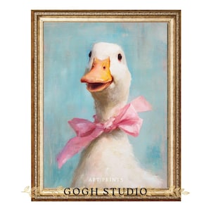 Gans met roze strik vintage dierenkunstprint | Grillige eendportretschilderij | Leuke kinderkamermuurdecoratie voor boerderij of kinderkamer