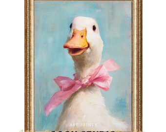 Lámina artística de ganso con lazo rosa / Retrato vintage de pato (Descarga digital)