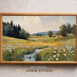 Vintage olieverfschilderij lenteweide, rustiek landschap (digitale print) afbeelding 2