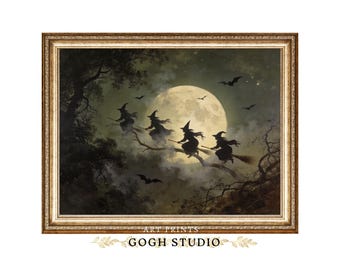 Flying Witches Halloween Print, Vintage Gothic Wall Art, Dark Cottagecore Decor, Digital Download