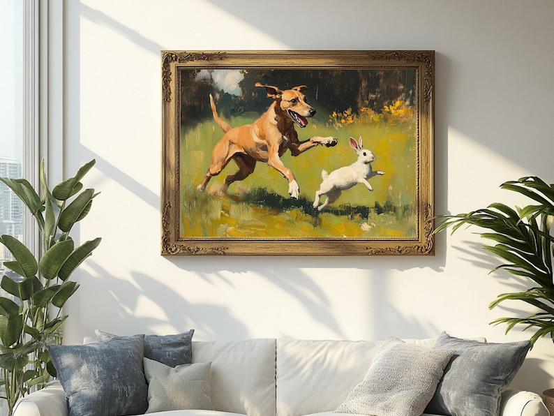 Dog Chasing Rabbit Drawing Printable Hunting Dog and Rabbit Oil Painting Farmhouse Wall Art ...