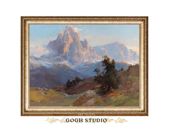 Mountain Landscape Oil Painting Art Print: Vintage Rustic Alpine Scene (Digital Download)