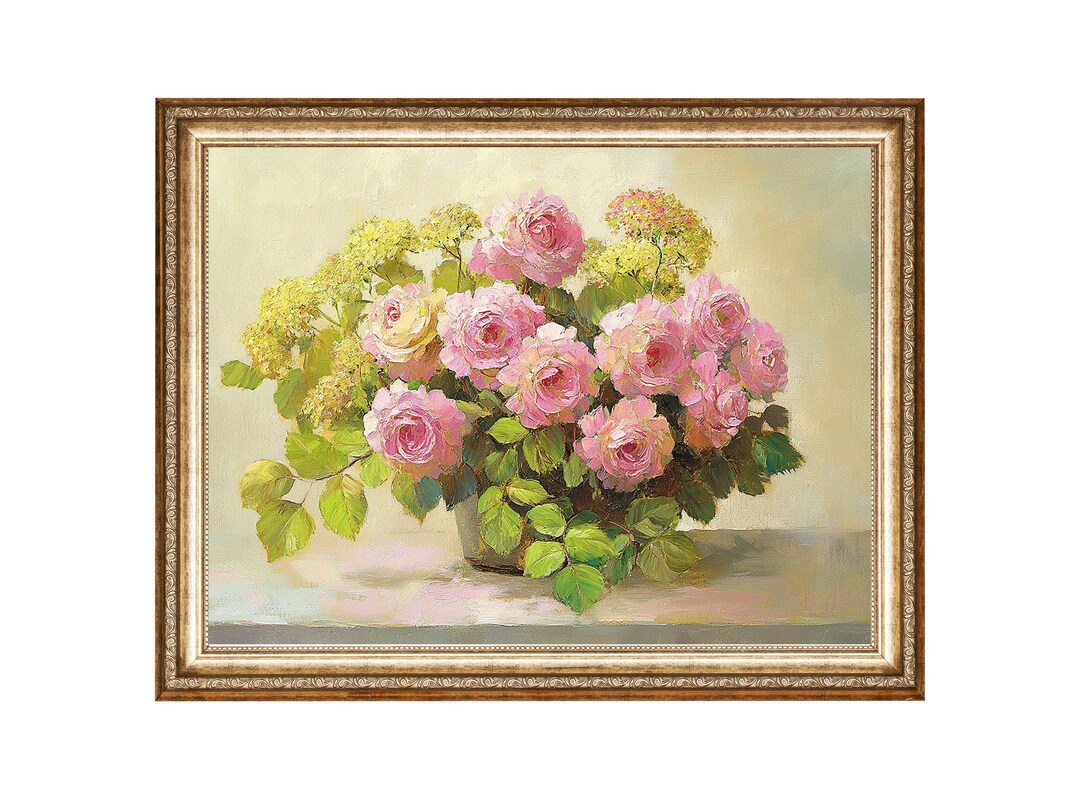 Pink Roses Floral Bouquet Vintage Oil Painting Wall Art Print DIGITAL ...