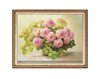 Pink Roses Floral Bouquet Vintage Oil Painting Wall Art Print DIGITAL PRINTS