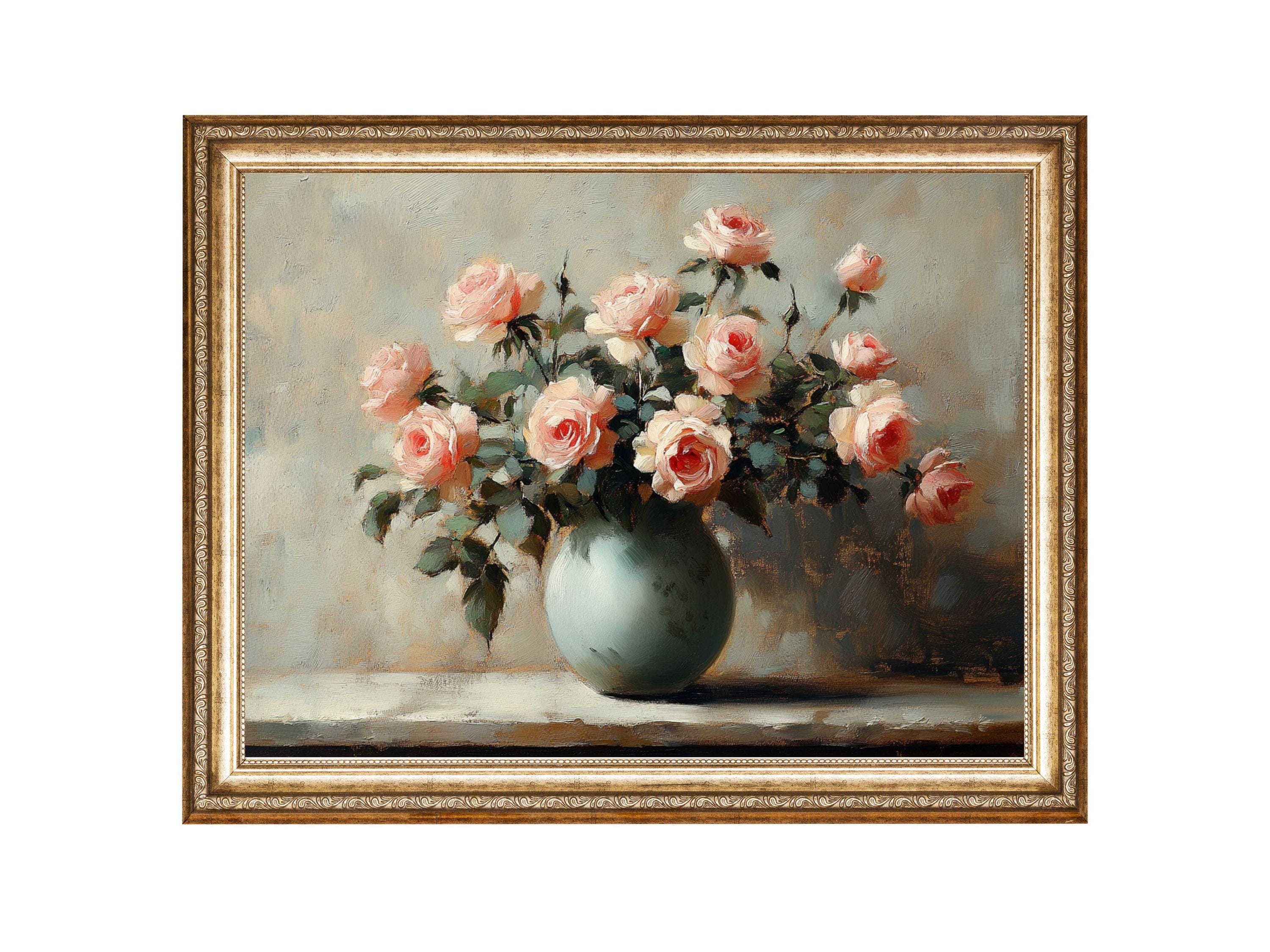 ヴィンテージピンクのバラの油絵、コテージコアフローラルアート