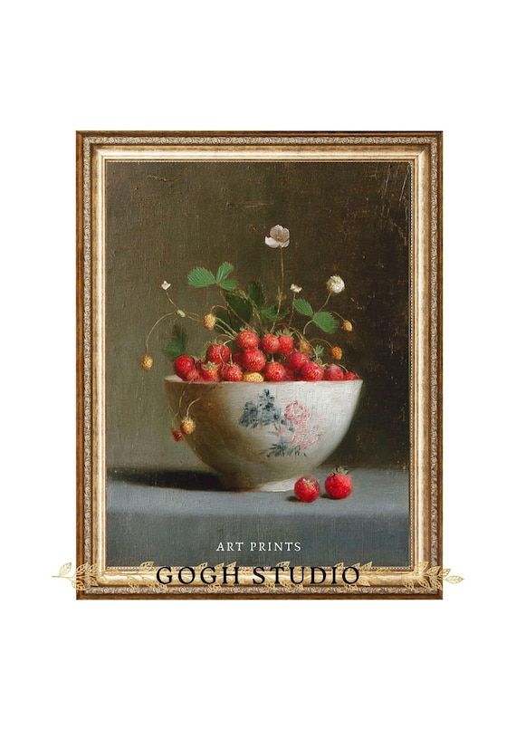 野いちごの静物画：ヴィンテージキッチンウォールアート（デジタル