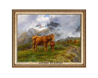 Highland Cow vintage olieverfschilderij: rustieke boerderij dieren muurkunst voor landhuis en pastoraal huisdecor (digitale download)