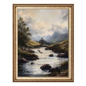Mountain River Flowing Through a Valley With Trees and Rocks VINTAGE Oil Painting, Cottagecore Wall Art, Printable Wall Art,Digital Products