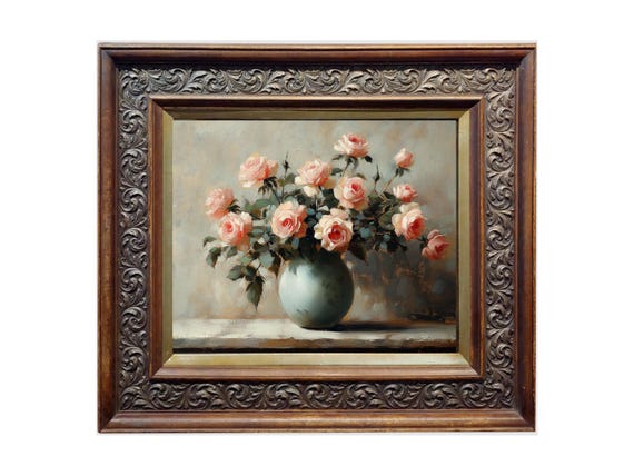 ヴィンテージピンクのバラの油絵、コテージコアフローラルアート