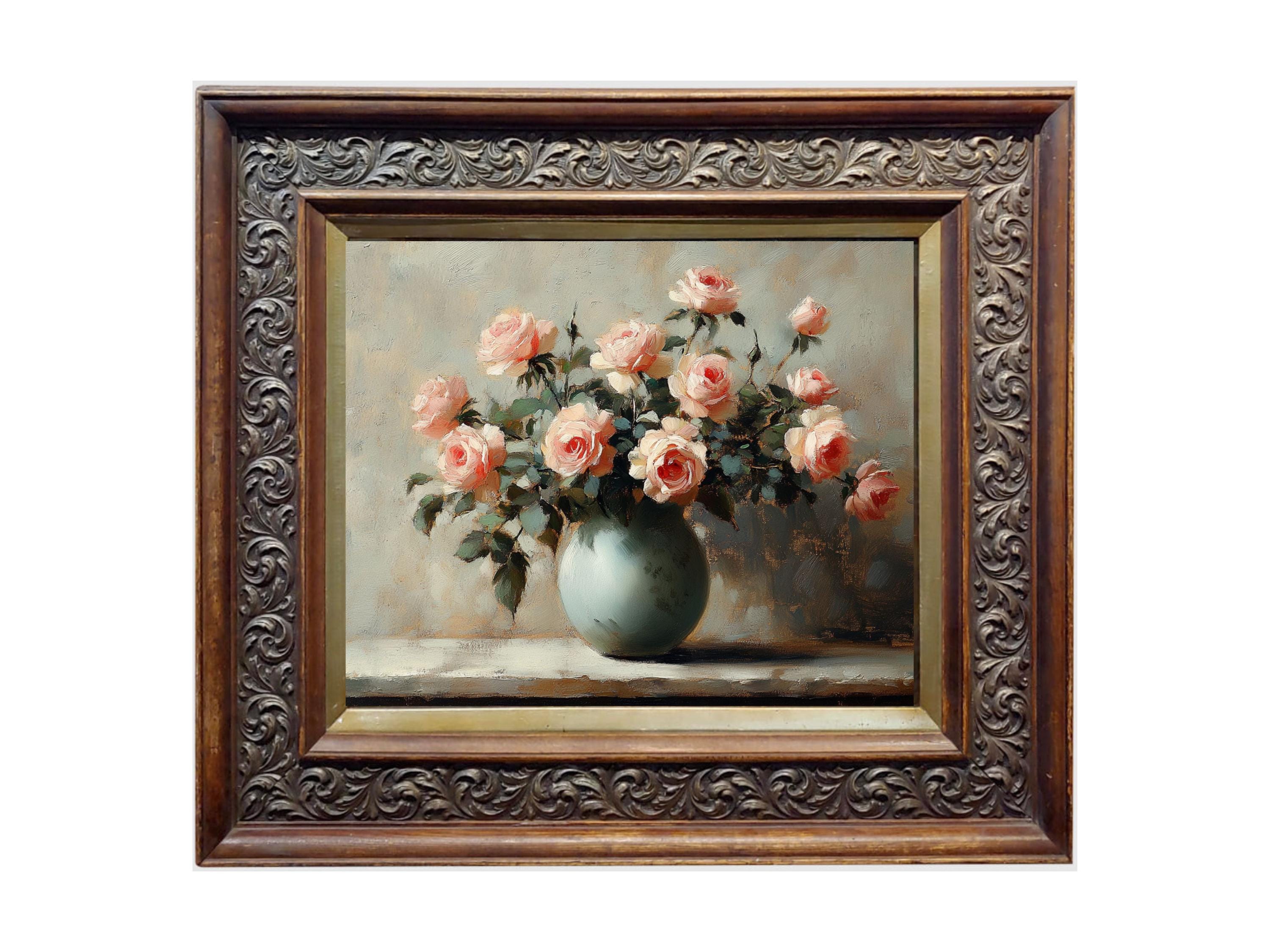 ヴィンテージピンクのバラの油絵、コテージコアフローラルアート