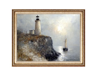 Vintage Lighthouse Oil Painting, Coastal Nautical Art (Digital Prints)