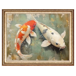 Koi Fish Painting Japanese Wall Decor Oil Painting, Cottage Core Art, VINTAGE Painting, Printable Wall Art, DIGITAL PRINTS